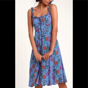 BLENDED BLUE FLORAL PRINT BUTTON-UP MIDI D…